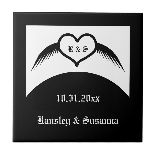 Gothic Wedding Winged Heart Custom Monogrammed Ceramic Tile (Front)