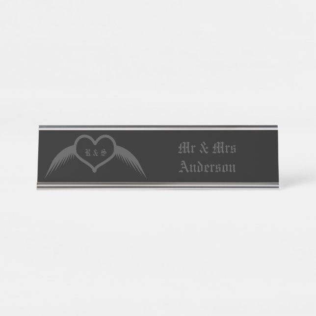 Gothic Wedding Winged Heart Custom Monogrammed Desk Name Plate (Front)