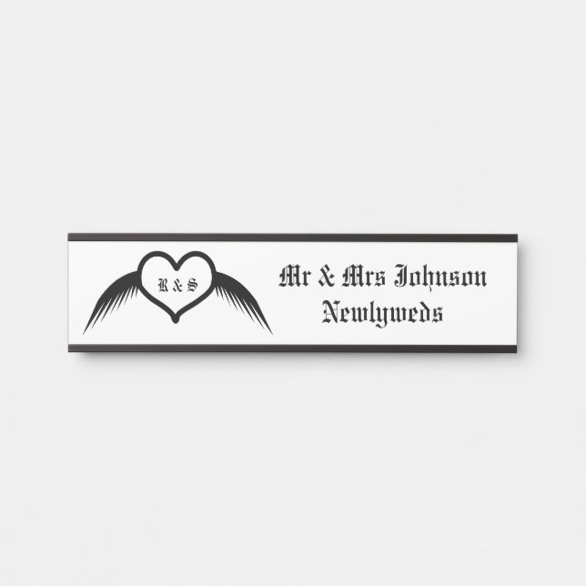 Gothic Wedding Winged Heart Custom Monogrammed Door Sign (Front)
