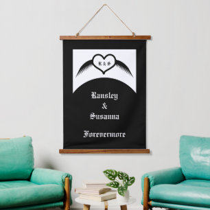 Gothic Wedding Winged Heart Custom Monogrammed Hanging Tapestry