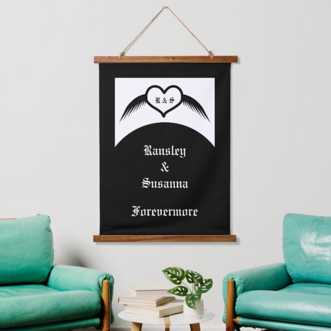 Gothic Wedding Winged Heart Custom Monogrammed Hanging Tapestry (Living Room)