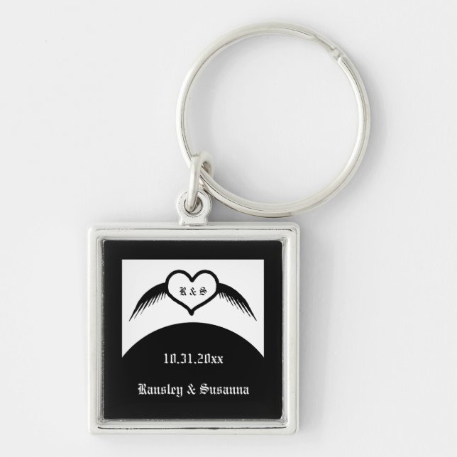 Gothic Wedding Winged Heart Custom Monogrammed Key Ring (Front)