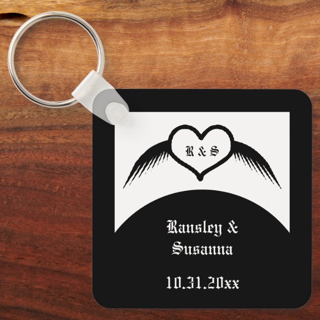 Gothic Wedding Winged Heart Custom Monogrammed Key Ring (Front)
