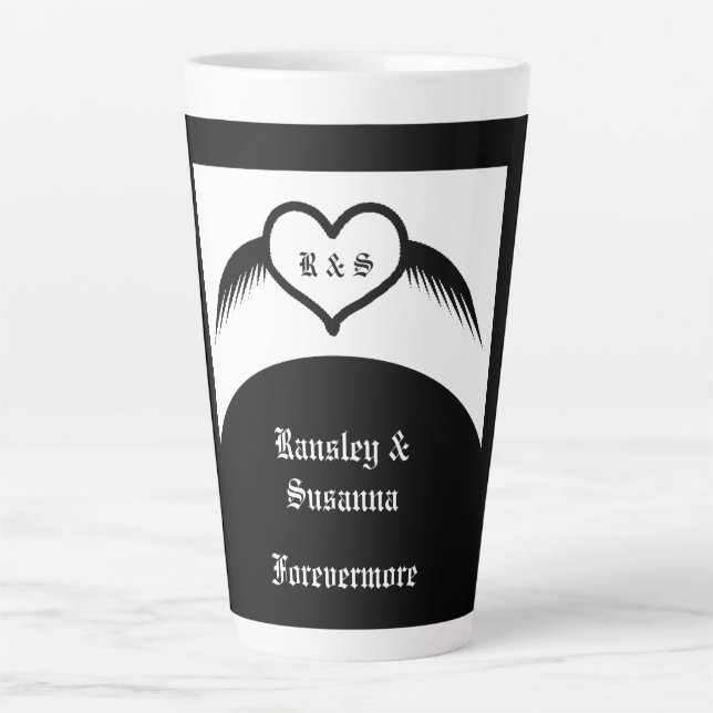 Gothic Wedding Winged Heart Custom Monogrammed Latte Mug (Front)