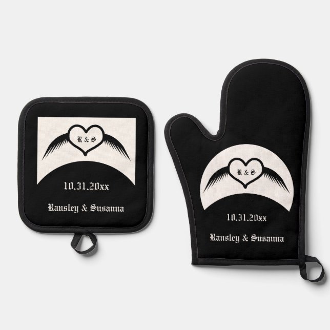 Gothic Wedding Winged Heart Custom Monogrammed Oven Mitt & Pot Holder Set (Front)