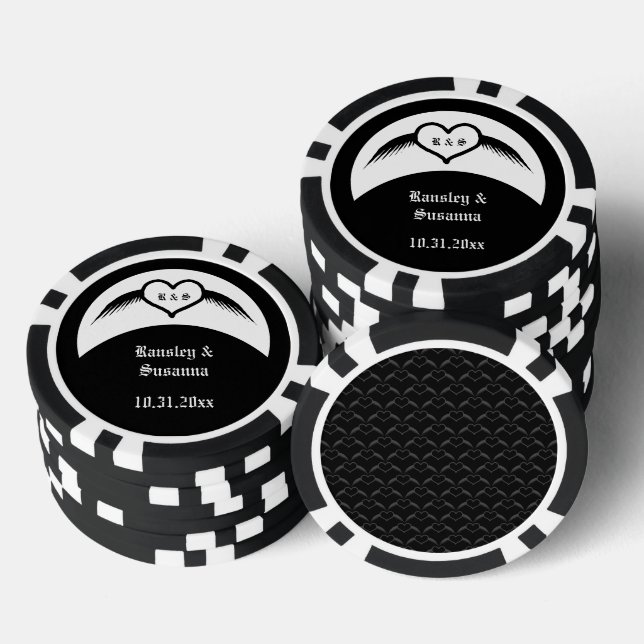 Gothic Wedding Winged Heart Custom Monogrammed Poker Chips (Stack)