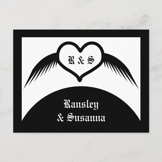 Gothic Wedding Winged Heart Custom Monogrammed Postcard (Front)