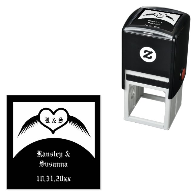 Gothic Wedding Winged Heart Custom Monogrammed Self-inking Stamp (In Situ)