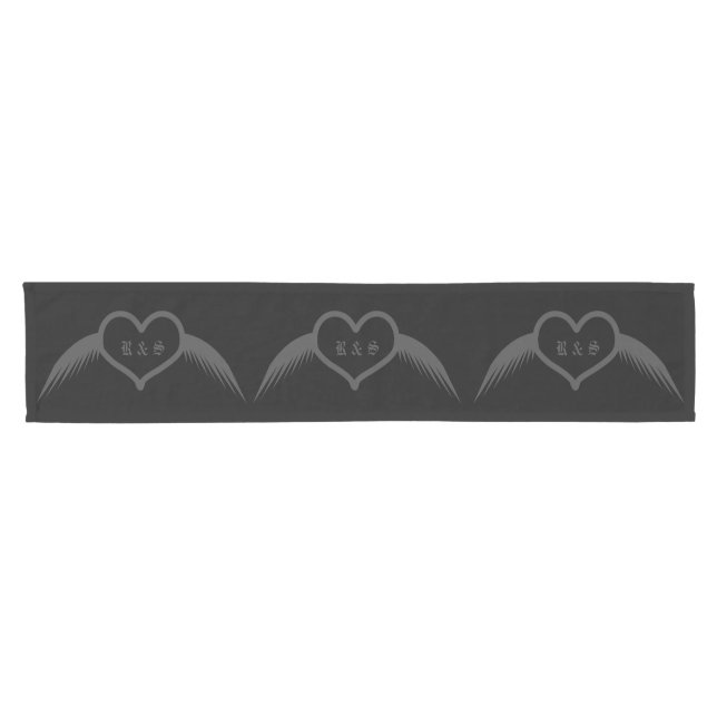Gothic Wedding Winged Heart Custom Monogrammed Short Table Runner (Horizontal)