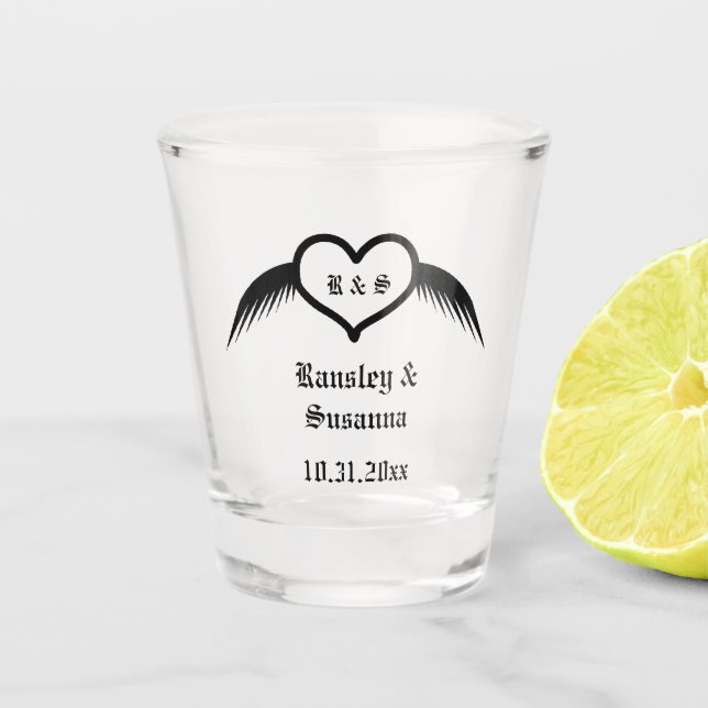 Gothic Wedding Winged Heart Custom Monogrammed Shot Glass (Front)