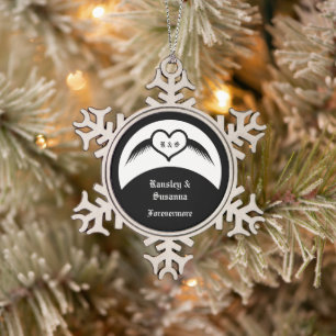 Gothic Wedding Winged Heart Custom Monogrammed Snowflake Pewter Christmas Ornament