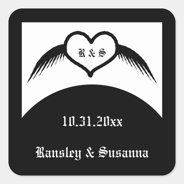 Gothic Wedding Winged Heart Custom Monogrammed Square Sticker (Front)