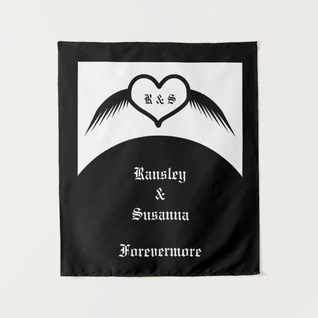 Gothic Wedding Winged Heart Custom Monogrammed Tapestry (Front)