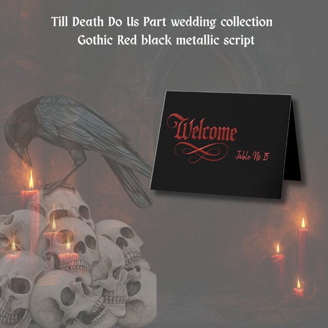 Gothic Welcome Table Card – Red Metallic Script  (Creator Uploaded)