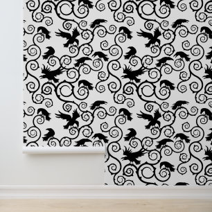 Gothic White and Black Raven Victorian Gothic Home Wallpaper