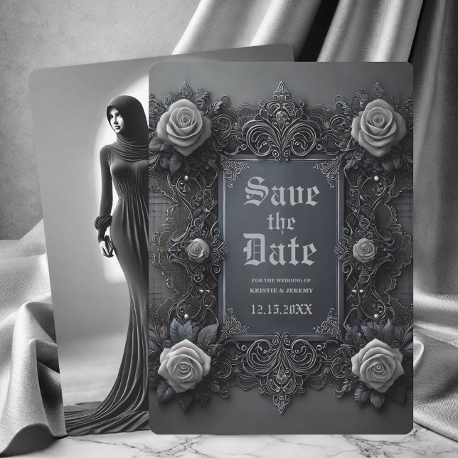 Gothic White Grey Floral Photo Save the Date (Creator Uploaded)