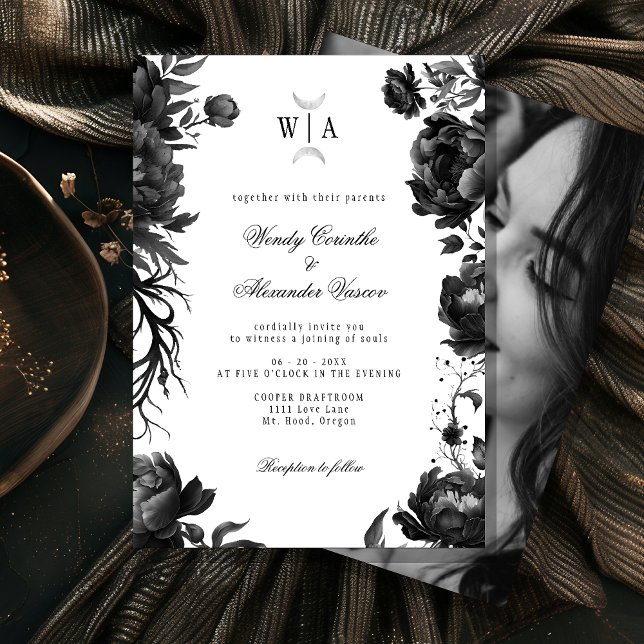 Gothic White Monogram Moon Crest Wedding Photo Invitation (Creator Uploaded)