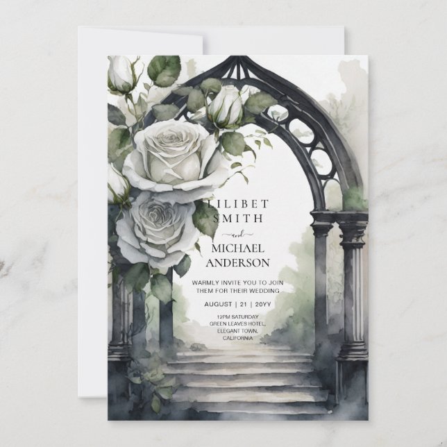 Gothic White Roses Wedding Invitation (Front)