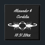 Gothic White Wedding Scorpions Custom Magnet<br><div class="desc">This awesome Wedding magnet features a digital art image of a pair of beautiful white scorpions facing towards each other. Each scorpion is white and has eight legs, a venomous sting and a pair of pincers. The pincers are being held together to form the shape of a heart. The background...</div>