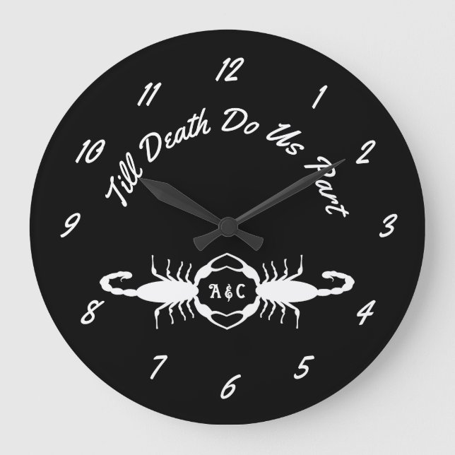 Gothic White Wedding Scorpions Custom Monogrammed Large Clock (Front)