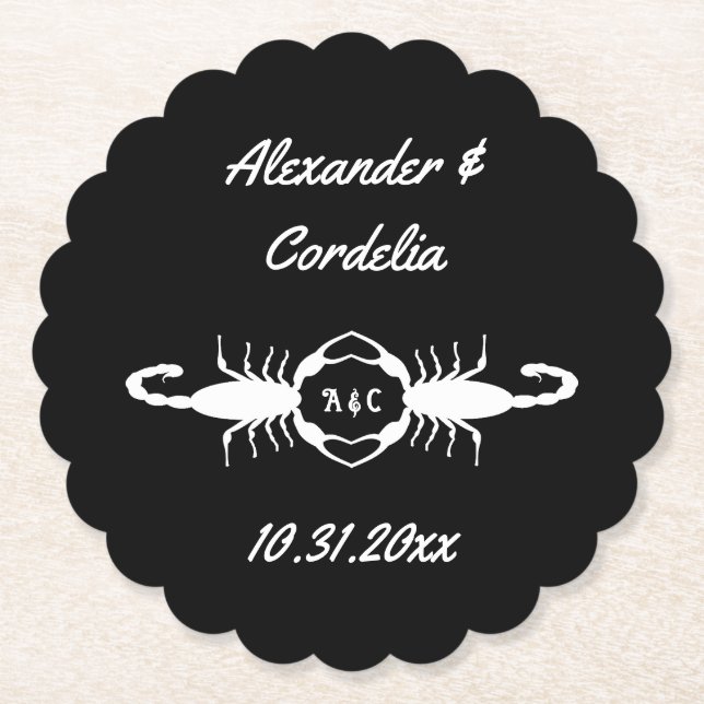Gothic White Wedding Scorpions Custom Monogrammed Paper Coaster (Front)