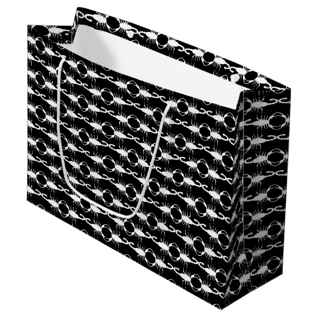 Gothic White Wedding Scorpions Patterned Large Gift Bag (Front Angled)