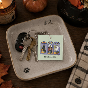 Gothic Witch Black Cat Owl Halloween Art Nouveau  Key Ring