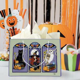 Gothic Witch Black Cat Owl Halloween Art Nouveau  Large Gift Bag