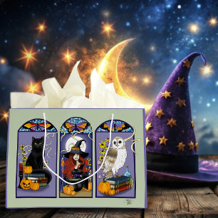 Gothic Witch Black Cat Owl Halloween Art Nouveau Large Gift Bag