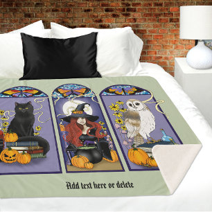 Gothic Witch Black Cat Owl Halloween Art Nouveau Sherpa Blanket