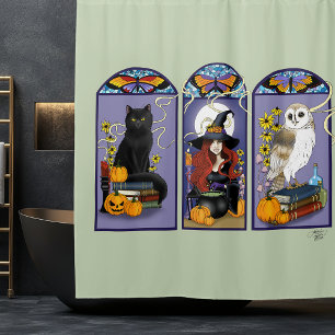 Gothic Witch Black Cat Owl Halloween Art Nouveau Shower Curtain