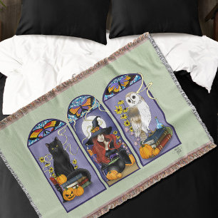 Gothic Witch Black Cat Owl Halloween Art Nouveau Throw Blanket