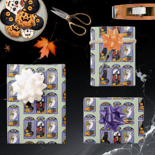 Gothic Witch Black Cat Owl Halloween Art Nouveau Wrapping Paper Sheet