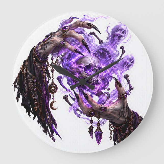 Gothic Witch Hands Burning Purple Skull Wall Clock (Front)