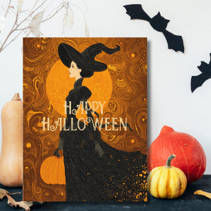 Gothic Witch Pumpkin Halloween Photo Art Nouveau Postcard
