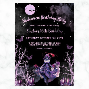 Gothic Witch Roses Girl 16th Halloween Birthday Invitation