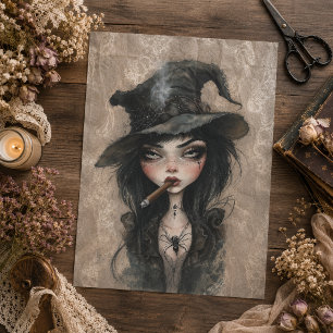 Gothic Witch Smoking Cigar Halloween Decoupage Tissue Paper