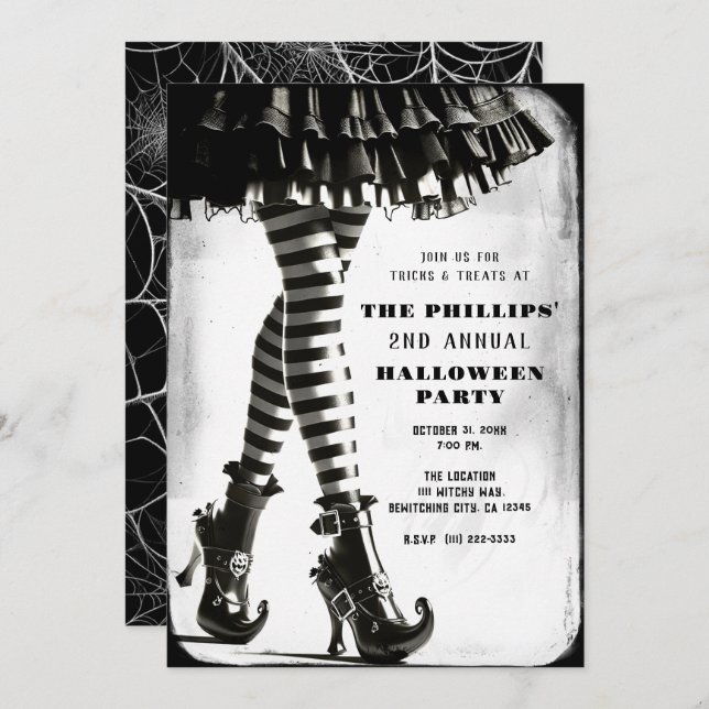 Gothic Witch Striped Legs Black White Halloween  Invitation (Front/Back)