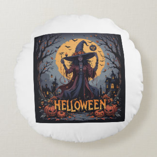 Gothic Witch Under the Full Moon – Dark Halloween Round Cushion