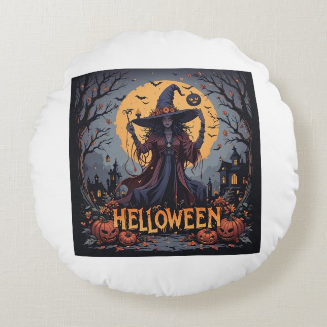 Gothic Witch Under the Full Moon – Dark Halloween  Round Cushion (Front)