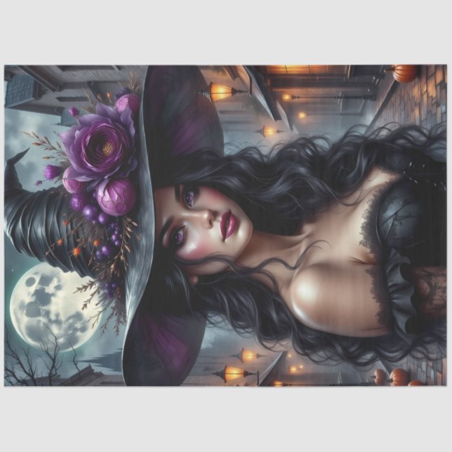 Gothic Witch with Moonlit Street and Purple Roses Tissue Paper (Front)