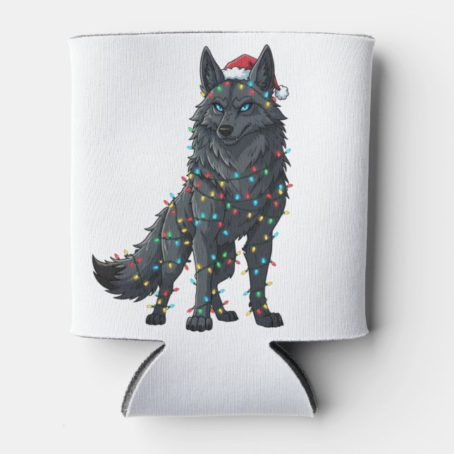 Gothic Wolf Santa Hat Christmas Lights Dark   Can Cooler (Front)