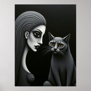 Gothic Woman and Cat Dark Monochrome Fine Art Poster