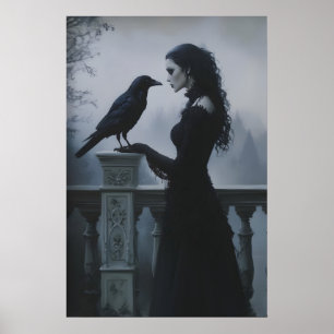 Gothic Woman and Raven Wall Art, Dark Academia Poster