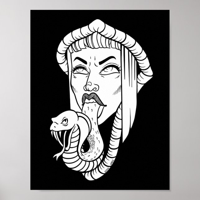Gothic Woman Black White Snake Tongue Illustration Poster (Front)