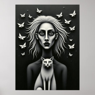 Gothic Woman Butterflies and Cat Dark Surrealist Poster