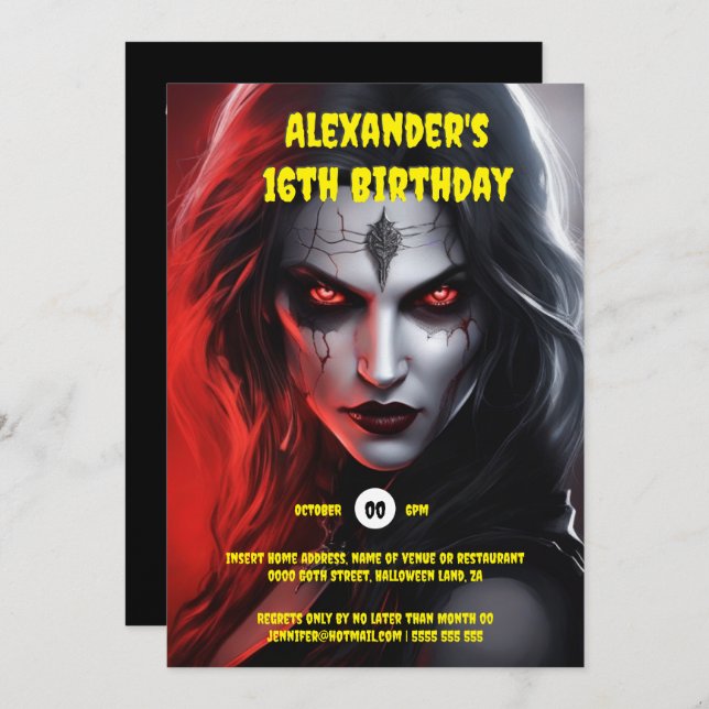 Gothic woman halloween party red black invitation (Front/Back)