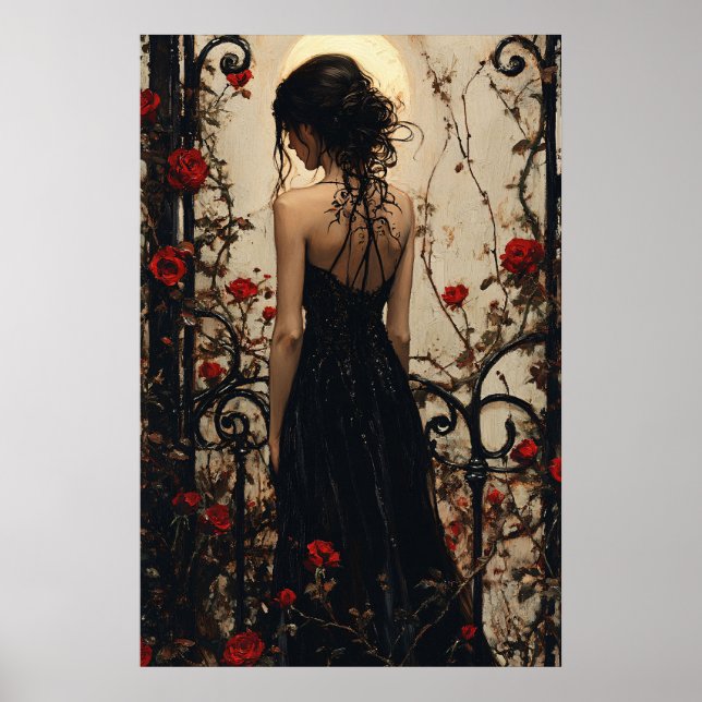 Gothic Woman in Black Dress Among Red Roses Poster (Front)