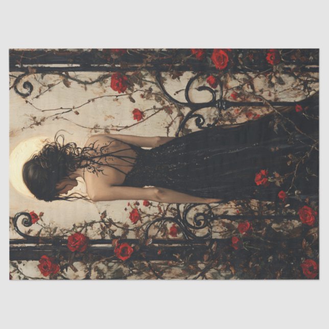 Gothic Woman in Black Dress Among Red Roses Tissue Paper (Front)