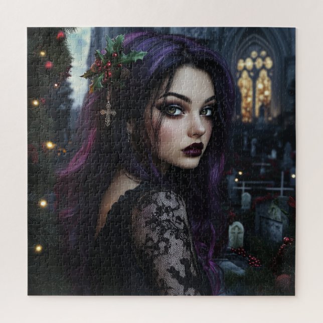 Gothic Woman in Christmas Churchyard Jigsaw Puzzle (Vertical)
